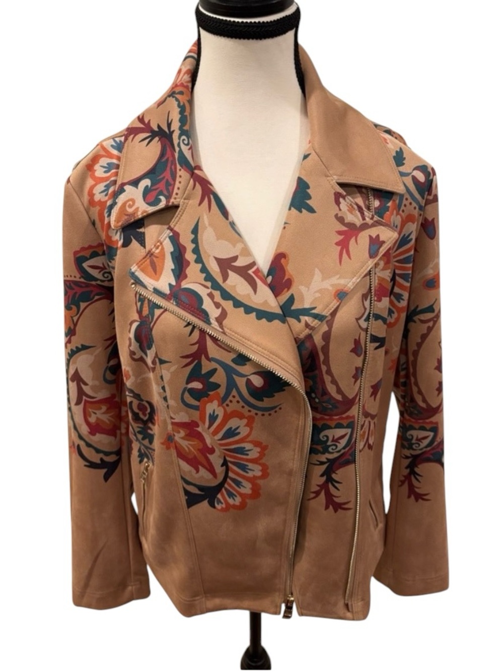 Chico's Artisanal Camel Faux Suede Paisley Print Moto Jacket, size M (Chico’s 1)